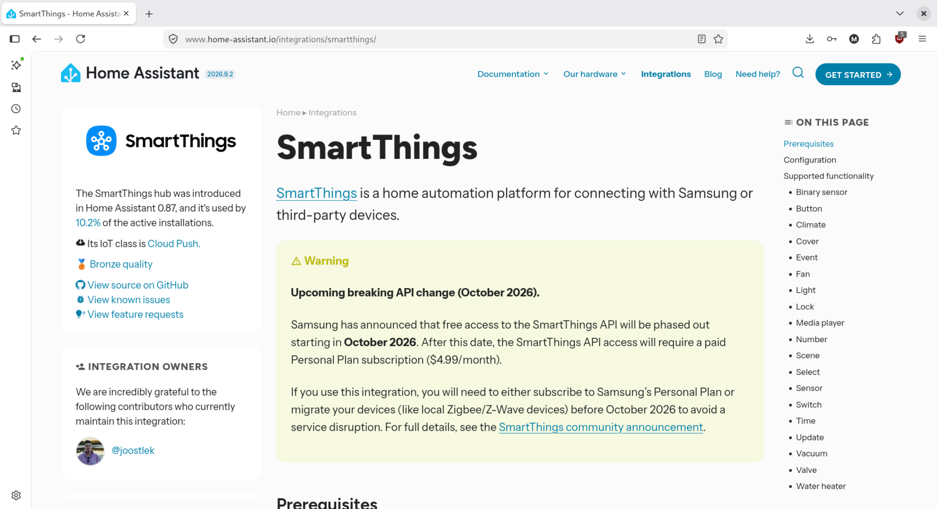 SmartThings warning Home Assistant
